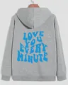 Detail of grey hoodie back showing blue wavy text print LOVE YOU EVERY MINUTE - S / Gray