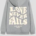 Gray oversized hooded sweatshirt with LOVE NEVER FAILS back print for women - S / Gray