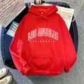 Detail view of red oversized hooded sweatshirt with Los Angeles California print - Red