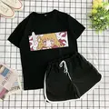Completo sportivo estivo da donna nero con t-shirt stampata anime e pantaloncini - M / Nero