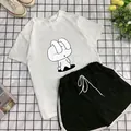 Women's casual summer set with white rabbit t-shirt and black side-striped shorts - White