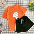 Women's summer two-piece casual set with orange bunny t-shirt and green drawstring shorts - Orange