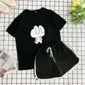 Women's black two-piece casual set featuring a cartoon rabbit print T-shirt and shorts - Black