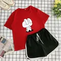 Women's summer two-piece casual set with red rabbit print T-shirt and black shorts - Red