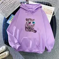 Detail of purple oversized hoodie featuring realistic 3D tiger print and front pocket - S / Light Purple