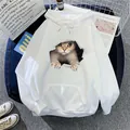 White 3D cat print hoodie with kangaroo pocket and adjustable drawstring for women - S / White
