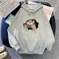 Grey 3D cat print hoodie for women featuring a hood with drawstring and front pocket - S / Gray