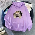 Detail of a purple hoodie featuring a realistic 3D cat print and drawstring hood - Light Purple