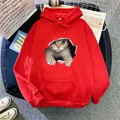 Red 3D cat print hoodie for women with drawstring hood and kangaroo pocket - S / Red