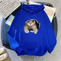 Detail of 3D cat print on navy hoodie with kangaroo pocket and ribbed cuffs - Blue