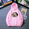 Detail view of pink hoodie featuring 3D realistic cat print and a front kangaroo pocket - Hot Pink