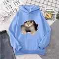 Detail of light blue 3D cat print hoodie with adjustable drawstring and ribbed hem - Sky Blue