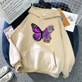 Beige oversized hoodie with purple butterfly floral print and front pocket detail - Apricot