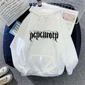 Flat lay of white hoodie with gothic lettering, drawstring hood and kangaroo pocket - White
