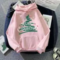 Flat lay of pink Christmas hoodie with tree print, pocket detail and drawstring hood - S / Dark Pink