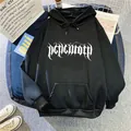 Women's loose black hoodie with gothic white lettering and drawstring hood casual style - Black