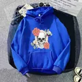 Detail view of blue hoodie featuring artistic skull and colorful floral print with drawstring - S / Royal Blue