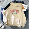 Loose beige hoodie for women with Christmas print, kangaroo pocket and drawstring hood - S / Apricot