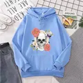 Sky blue oversized hoodie with skull and floral print, casual aesthetic outfit - S / Sky Blue