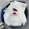 Damen Oversize-Hoodie in Weiß mit rosa Sommer-Palmen-Print und Kordelzugkapuze - S / Weiß
