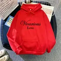Detailed view of red hoodie with black 'Vicarious Love' print and drawstring hood - S / Red