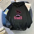 Detail of black fleece hoodie with pink Summer palm tree print and kangaroo pocket - Black