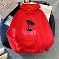 Detail of red oversized hoodie featuring summer coconut tree print and front kangaroo pocket - Red