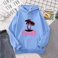 Lockeres hellblaues Kapuzen-Sweatshirt mit Palmenmuster und Kängurutasche - S / Himmelblau