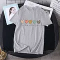 Close-up of grey cotton t-shirt featuring colorful hearts and one day at a time text - S / Light Gray