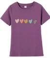 Close-up of purple t-shirt featuring five colorful printed hearts and script text - S / Purple