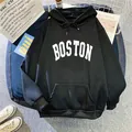 Close-up of Boston letter print on black hoodie with drawstring and kangaroo pocket - S / Black