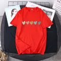 Red short sleeve T-shirt with multi-color heart prints and one day at a time slogan - S / Red