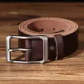 Men's retro dark brown cowhide leather belt with a matte silver needle buckle on wood - 105cm / Coffee