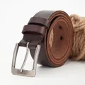 Classic men's genuine leather belt in dark brown with a matte silver buckle on white background - 105cm / Coffee