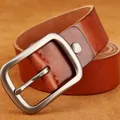 Vintage brown leather belt for men featuring a matte silver buckle and fine stitching - 105cm / Brown