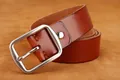 Men's retro brown genuine leather belt with brushed steel pin buckle and rivet detail - 105 / Brown