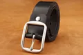 Men's casual black leather belt with a silver brushed square pin buckle in vintage style - 105 / Black