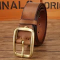 Men's retro brown genuine leather belt with classic bronze square pin buckle - 105cm / Khaki