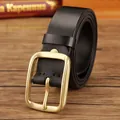 Men's black leather belt with a vintage golden brass pin buckle on a wooden background - 105cm / Black