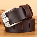 Men's dark brown leather belt with silver pin buckle and classic lychee texture - 105cm / Coffee