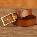 Classic men's brown genuine leather belt with a brushed gold square pin buckle - 105cm / Khaki