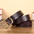 Dark brown leather belt for men featuring a vintage solid brass square pin buckle - 105cm / Coffee