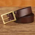 Dark brown leather belt for men featuring a matte gold square metal pin buckle - 105cm / Coffee