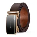 Cintura da uomo in pelle marrone con fibbia automatica dorata e finitura venata - 120cm / Fibbia Dorata-Motivo Liscio Caffè