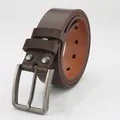 Close-up of premium dark brown leather belt featuring a matte brushed metal buckle - 105 / Coffee