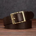 Men's genuine dark brown leather belt with vintage brass square buckle and natural texture - 105cm / Coffee
