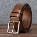 Brown leather men's belt with silver metal pin buckle on a textured background - 105cm / Khaki