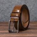 Vintage dark brown cowhide leather belt for men with a matte grey metallic pin buckle - 105cm / Khaki