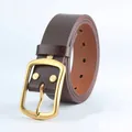 Close-up of brown leather belt featuring a brass buckle and vintage triple rivet fixings - Coffee (38009) / 105