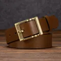 Men's retro dark brown genuine cowhide leather belt with bronze brushed metal buckle - 105cm / Khaki
